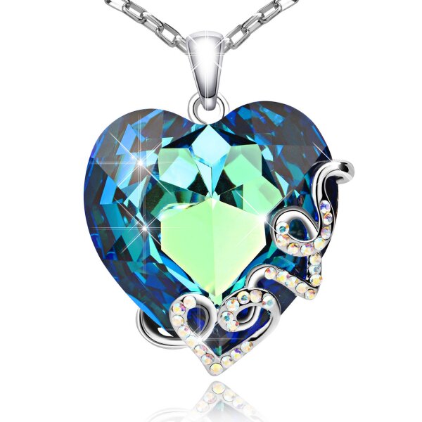 Anhänger Herz des Ozeans LOVE Zirkonia Meerblau aus Edelstahl versilbert & rhodiniert inkl. Kette im Etui