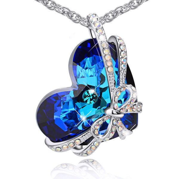 Anhnger Herz des Ozeans mit Schleife Zirkonia Royal Meerblau aus Edelstahl versilbert & rhodiniert inkl. Kette im Etui