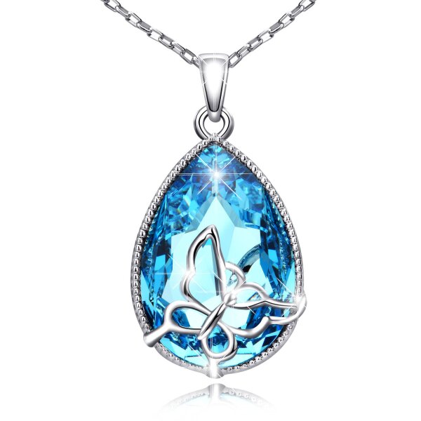 Anhänger Tropfen 3D Schmetterling Zirkonia meerblau türkis aus Edelstahl versilbert & rhodiniert inkl. Kette im Etui