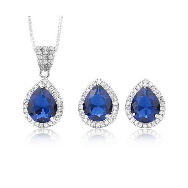 4 tlg. Set Anhänger Tropfen & Tropfen Ohrstecker mit Zirkonien klar & Royal blau aus 925 Silber rhodiniert inkl. Kette im Etui
