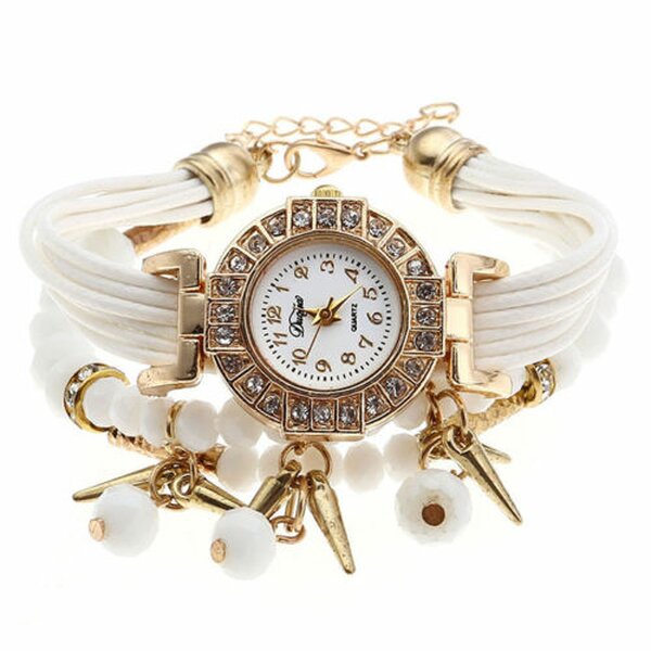 Damen Armbanduhr GLAM gold mit Zirkonien & Perlen PU Band weiß