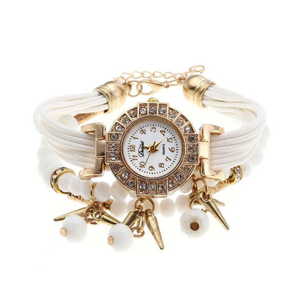 Damen Armbanduhr GLAM gold mit Zirkonien & Perlen PU Band weiß