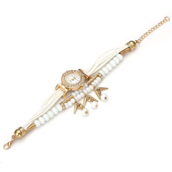 Damen Armbanduhr GLAM gold mit Zirkonien & Perlen PU Band weiß