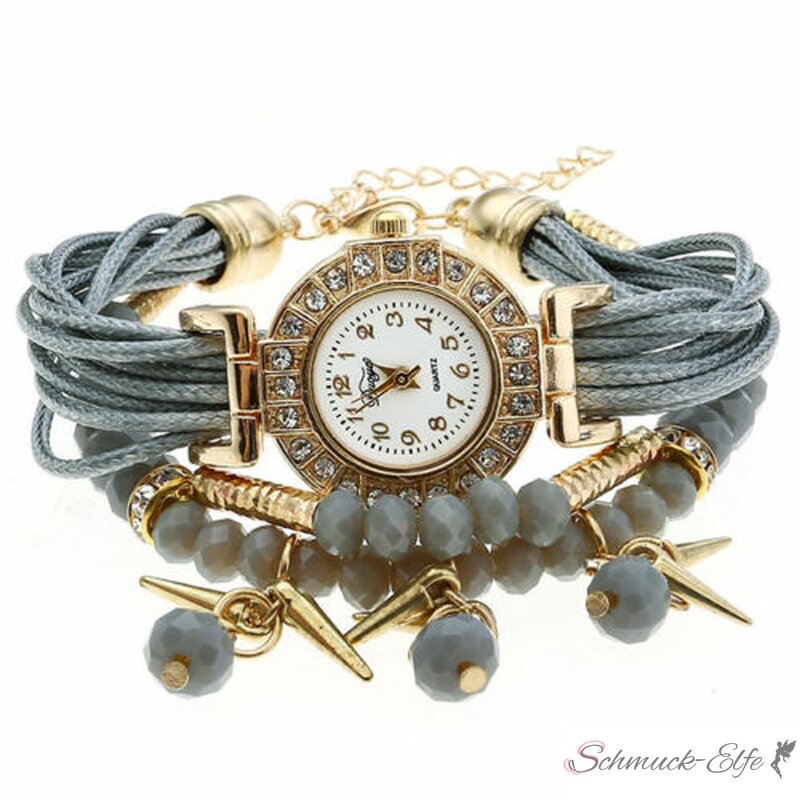 Damen Armbanduhr GLAM gold mit Zirkonien & Perlen PU Band grau, 59,99 € | Ohrstecker