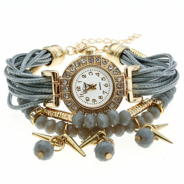 Damen Armbanduhr GLAM gold mit Zirkonien & Perlen PU Band grau