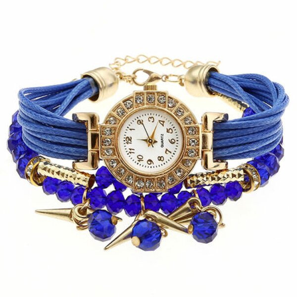 Damen Armbanduhr GLAM gold mit Zirkonien & Perlen PU Band royal blau