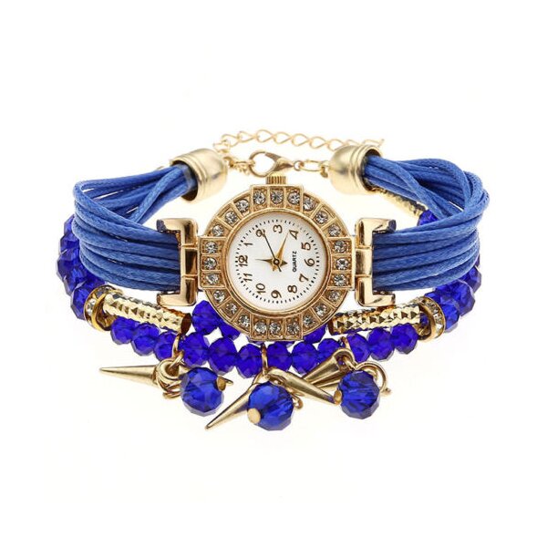 Damen Armbanduhr GLAM gold mit Zirkonien & Perlen PU Band royal blau