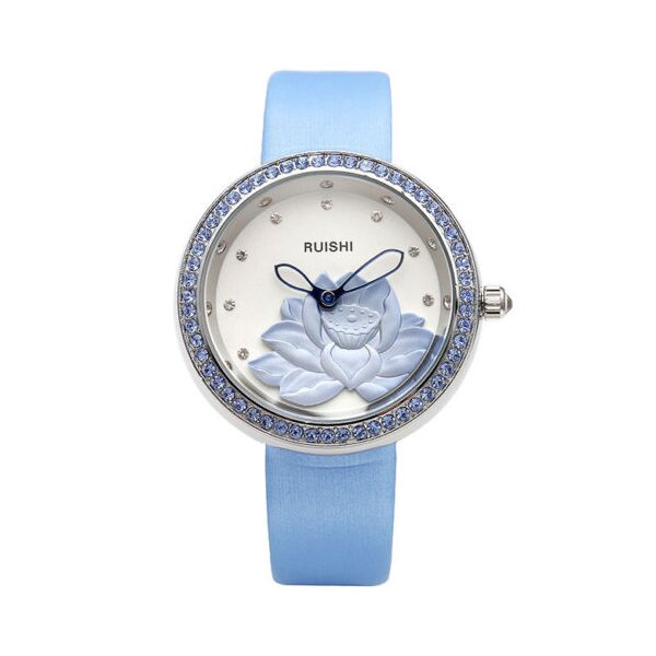Damen Armbanduhr 3D Lotus Blüte mit Zirkonien silber blau