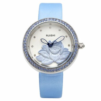 Damen Armbanduhr 3D Lotus Blüte mit Zirkonien silber blau