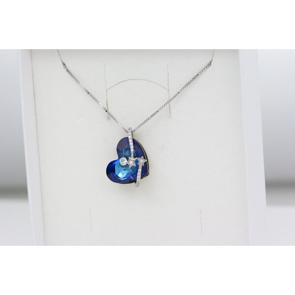 Anhänger Herz des Ozeans mit Stern Schnuppen royal blau aus 925 Silber rhodiniert mit Zirkonien inkl. Kette im Etui