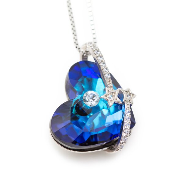Anhänger Herz des Ozeans mit Stern Schnuppen royal blau aus 925 Silber rhodiniert mit Zirkonien inkl. Kette im Etui