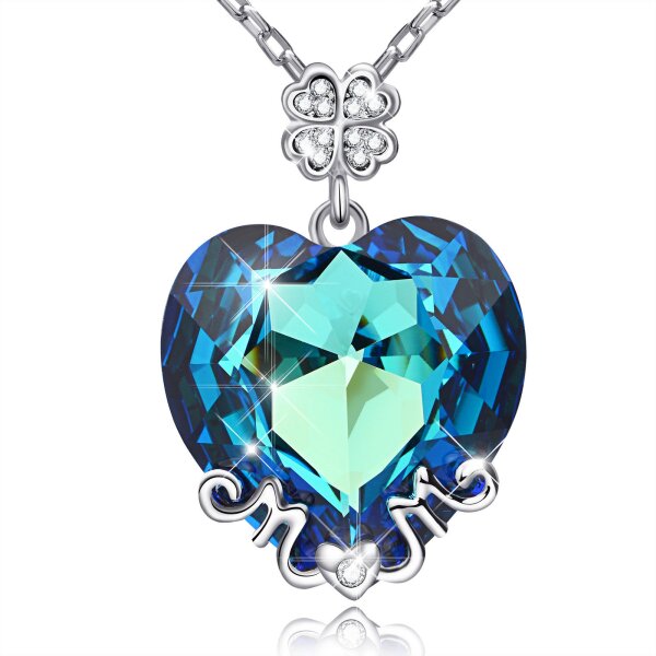 Anhänger Glücks Herz MOM Zirkonia Meerblau aus Edelstahl versilbert & rhodiniert inkl. Kette im Etui