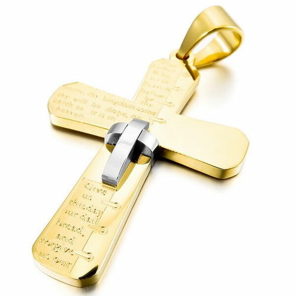 Kreuz Anhänger Bibeltext 3D silber/gold aus 316 L Edelstahl inkl. Kette im Etui GRAVUR OPTION
