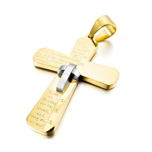 Kreuz Anhänger Bibeltext 3D silber/gold aus 316 L Edelstahl inkl. Kette im Etui GRAVUR OPTION