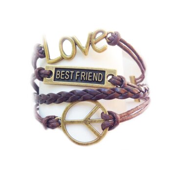 Armband LOVE PEACE BEST FRIENDS braun