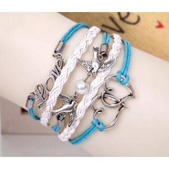 Armband SCHWALBEN LOVE HERZEN mit Perle blau weiß