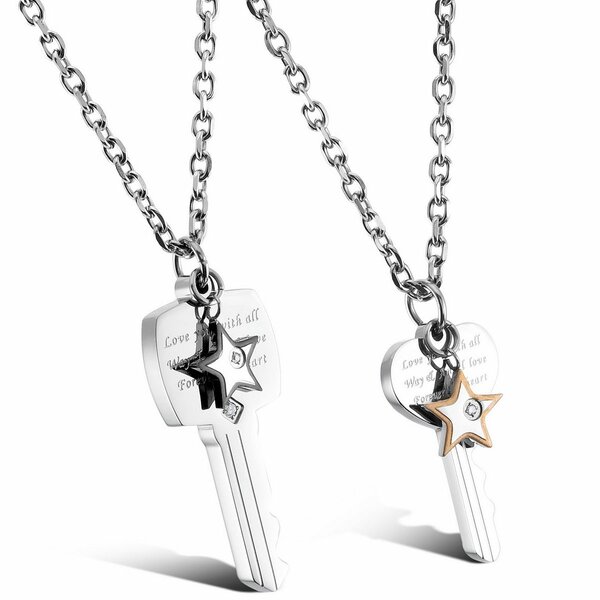 Partner Ketten Schlüssel mit Stern aus 316 L Edelstahl inkl. Ketten im Etui GRAVUR OPTION