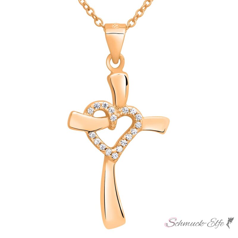 Kette mit Anhänger Kreuz-Herz rosegold 925 Silber Gravur Option, 99,99 €