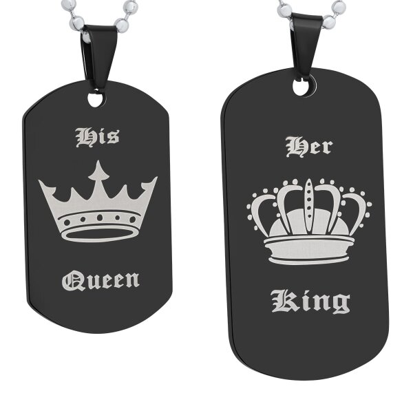 Partnerketten Dog Tag His Queen, Her King schwarz