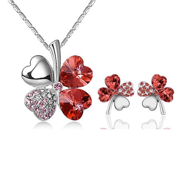 Schmuckset Kleeblatt Collier, Ohr Stecker rot Strass vergoldet