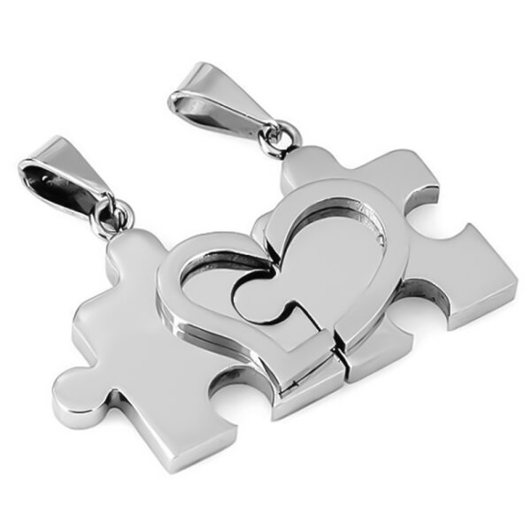 Partnerketten Puzzle mit Herz Edelstahl inkl. Ketten im Schmuck Etui GRAVUR OPTION