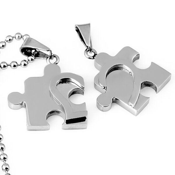 Partnerketten Puzzle mit Herz Edelstahl inkl. Ketten im Schmuck Etui GRAVUR OPTION