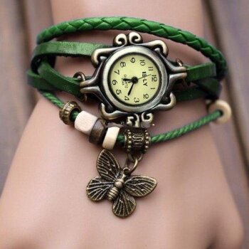 Leder Armbanduhr Schmetterling VINTAGE grün  im Organza Beutel