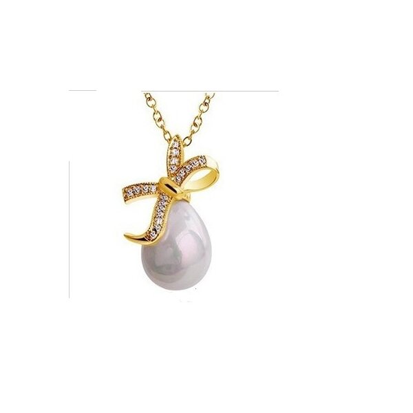 Perle mit Schleife Anhänger vergoldet inkl. Kette STRASS im Schmuck Etui